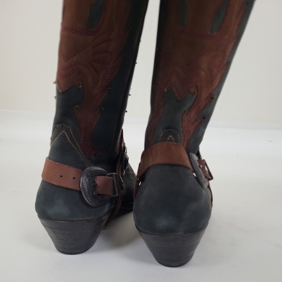 Vintage Two-Tone Cowboy Boots harness buckle black brown heel western cowgirl - Picture 10 of 12